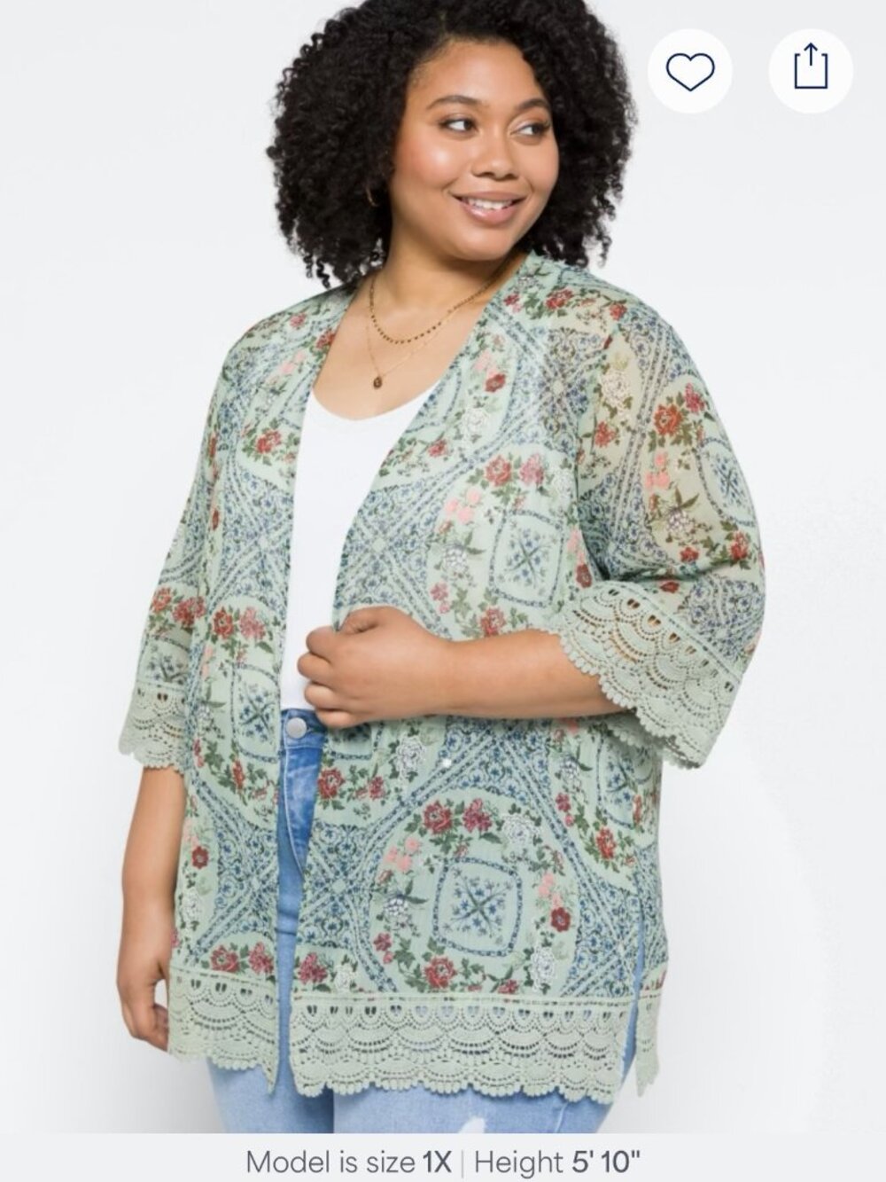 Mason & Belle | Crochet Trim Open Front Top | Green Floral | 1X
